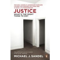"Justice book by Michael J. Sandel, white cover with two open doors and red title text at the top."