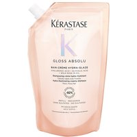 Peach-colored Kérastase Gloss Absolu Bain Crème Hydra-Glaze refill pouch, 500ml, with black text and logo.