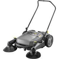 Gray Kärcher push sweeper with dual side brushes, large wheels, and ergonomic handle.