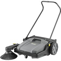 Black Kärcher manual sweeper with 32L capacity, large rear wheels, and side brush for outdoor cleaning.
