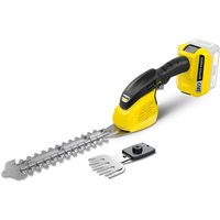 Yellow Karcher cordless grass and shrub shear with black handle and silver blade, 18V battery slot visible.