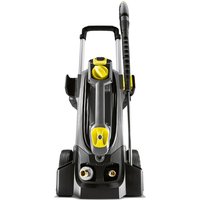 Karcher HD 5/12 C pressure washer, gray with yellow accents, upright design, black wheels, and ergonomic handle.
