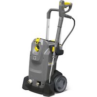 Gray Karcher pressure washer with yellow accents, sturdy wheels, and a tall handle.