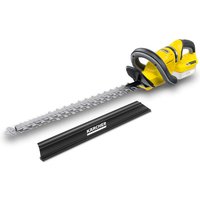 Yellow Karcher cordless hedge trimmer with long silver blade and black handle, includes black blade cover.