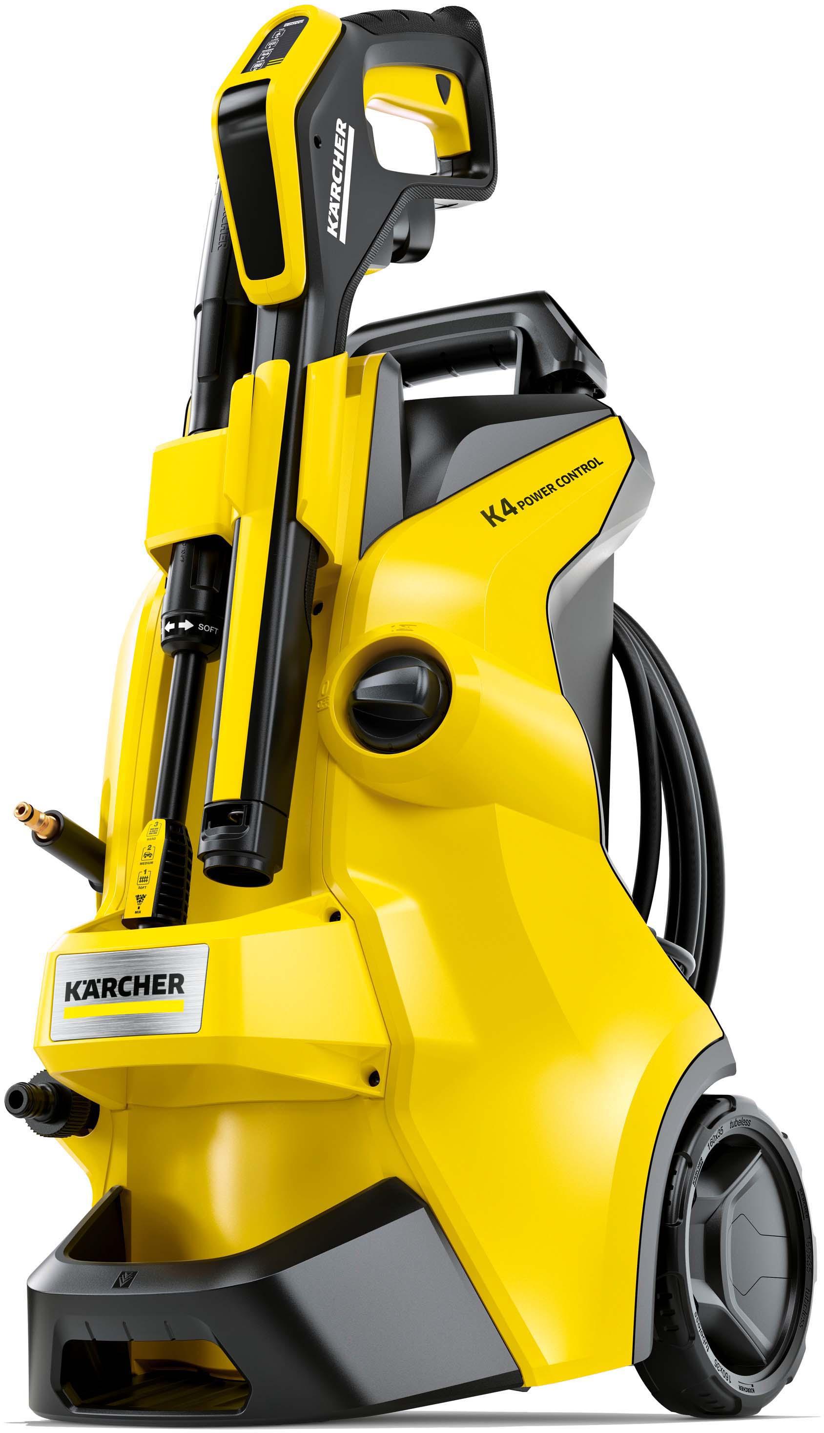 Yellow Karcher K4 Power Control pressure washer with black accents, hose reel, and ergonomic handle.