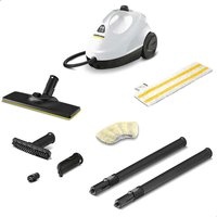 Karcher SC 2 EASYFIX steam cleaner, white with black wheels, includes nozzles, extension tubes, and cleaning pad.