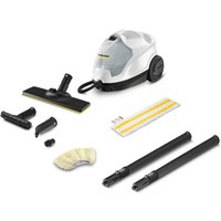 White Karcher SC 4 EASYFIX steam cleaner with black hose, two extension tubes, and various cleaning attachments.
