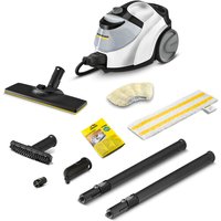 White and black Karcher SC 5 EASYFIX steam cleaner with iron plug, attachments, and yellow cleaning cloth.