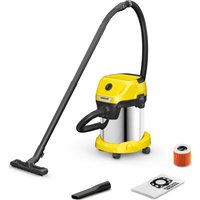 Yellow and silver Karcher wet and dry vacuum cleaner with black hose, wheels, and accessories including filter and nozzle.