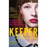 "Book 'Keeper' by Jessica Moor with a woman's face, bold yellow title, and red text on a dark background."