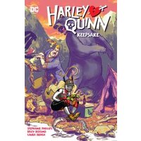 Comic book cover "Harley Quinn: Keepsake" featuring Harley in a forest with a large bear and colorful background.