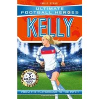 "Ultimate Football Heroes book 'Kelly' with a female soccer player in a white and blue kit on a stadium background"