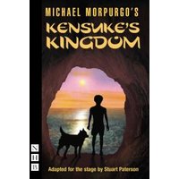 "Kensuke's Kingdom book cover with silhouette of boy and dog in cave, sunset over ocean in background."