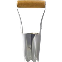 Kent and Stowe bulb planter with carbon steel body, wooden handle, and serrated edge for easy soil penetration.