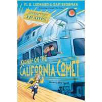 "Children's book 'Kidnap on the California Comet' with illustrated train and kids on cover, blue and yellow colors"