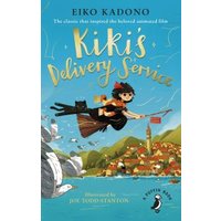Book cover of "Kiki's Delivery Service" with girl flying on broom over a town, blue sky, and orange title text.