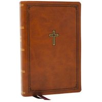 Brown Leathersoft KJV Bible with gold cross, large print, red letter text, and end-of-verse references by Thomas Nelson.