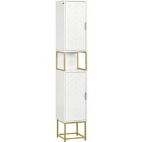 White Kleankin tallboy storage cabinet with two doors, adjustable shelf, and gold steel base, slim design for corners.