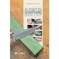 "Knife Sharpening Made Easy book with green sharpening stone and knife illustration on wooden background"