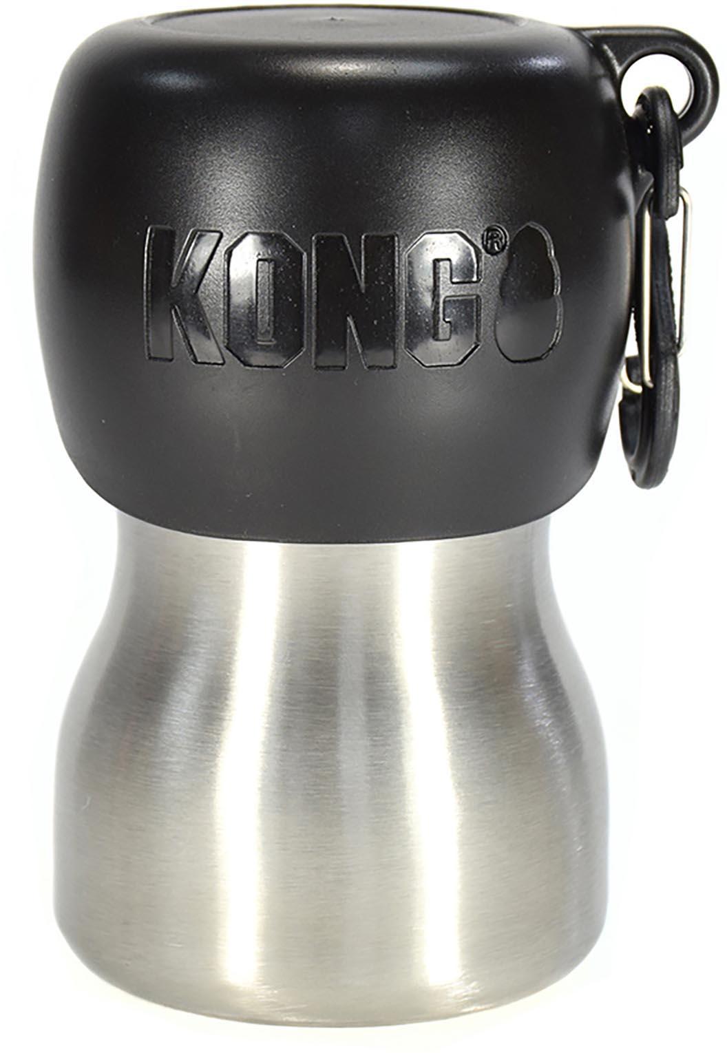 Stainless steel KONG H2O bottle, 280ml, with black cap and carabiner clip.