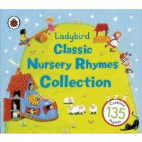 "Ladybird Favourite Nursery Rhymes book with colorful illustrations of children and animals on a green background"