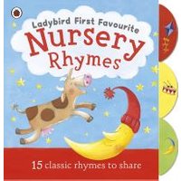 Children's book "Ladybird First Favourite Nursery Rhymes" with cow jumping over moon, colorful tabs on side.