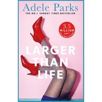"Larger Than Life book cover with red high heels, gray stockings, pink background, and blue border"
