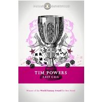 "Silver trophy cup with card suits, dice, and pink accents, titled 'Last Call' by Tim Powers"