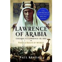 "Lawrence of Arabia book cover featuring T.E. Lawrence in traditional attire with desert background and blue circular badge"
