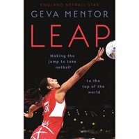 "Book titled 'Leap' by Geva Mentor, featuring a netball player in red uniform reaching for a ball on the cover."