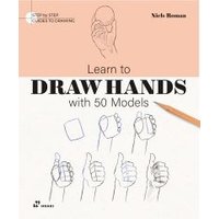 "Book 'Learn To Draw Hands With 50 Models' featuring hand sketches and pencil on cover"