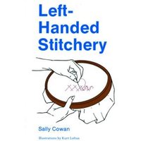 "Left-Handed Stitchery book with blue text, illustration of hands embroidering on a hoop, by Schiffer Publishing Ltd."