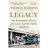 "Book titled 'Legacy' by Thomas Harding, cover features vintage photo of a Lyons tea shop and orange title text"