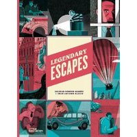 "Legendary Escapes book with illustrated cover featuring hot air balloon, vintage car, and various adventure scenes"