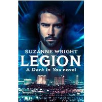 Book cover "Legion" by Suzanne Wright, features a man with a cityscape below and a blue, dark-themed background.