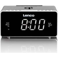Black and silver Lenco FM alarm clock radio with USB port and Qi wireless charging pad on top.