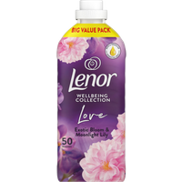 Lenor Exotic Bloom Rinse Aid 1.65L, purple bottle with pink flowers and white cap, labeled "Big Value Pack."