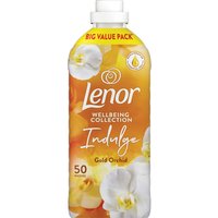 Lenor Indulge Gold Orchid fabric conditioner, 1.65L bottle, orange with white orchids, 50 washes label.