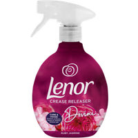Lenor Ruby Jasmine Crease Releaser, 500ml spray bottle, deep red with floral design and white nozzle.