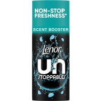 Lenor Unstoppables Fresh Scent Booster 155g, black and teal bottle with water splash design and bold white text.