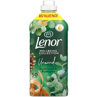 Lenor Wellbeing Unwind fabric conditioner, green bottle with sandalwood and eucalyptus imagery, 50 washes, 1.65L.