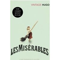 Les Misérables book cover, pale green with illustration of a child holding a broom, text "VINTAGE HUGO" and film adaptation note.