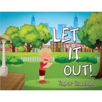 Children's book "Let It Out!" with cartoon child crying in a park, city skyline in background, bold white title text.