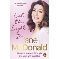 "Pink book cover 'Let the Light In' by Jane McDonald, featuring author's smiling portrait and gold text."
