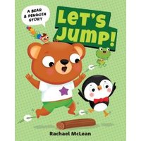 Children's book "Let's Jump!" with cartoon bear and penguin jumping over a log on green background.