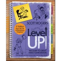 Spiral-bound book "Level Up!" by Scott Rogers, purple cover, cartoon illustrations, and colorful tabbed sections.