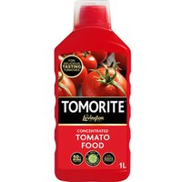 Red Levington Tomorite 1L bottle with tomato images, black label, and red cap, for concentrated tomato food.