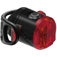 Black Lezyne Femto Drive USB-C rear bike light with red lens, compact design, and rubber mounting strap.