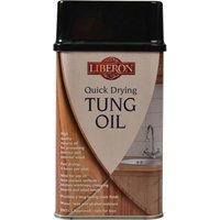 Rectangular can of Liberon Quick Drying Tung Oil with black cap and wood grain label design.