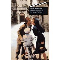 Book cover "Life Is Beautiful" with a couple kissing, child on bike, sepia-toned street background.